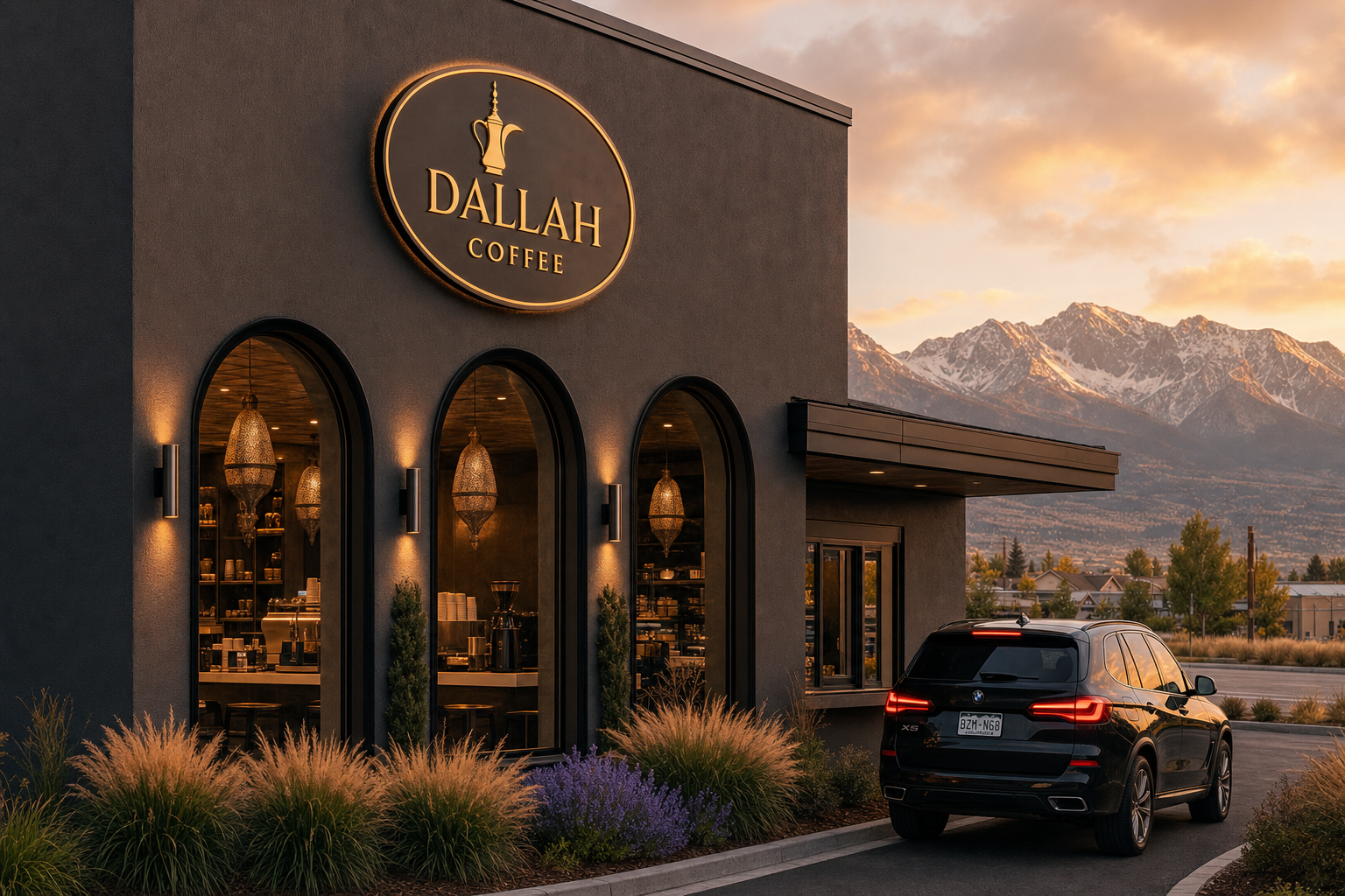 Dallah Coffee drive-thru with Colorado mountains in background