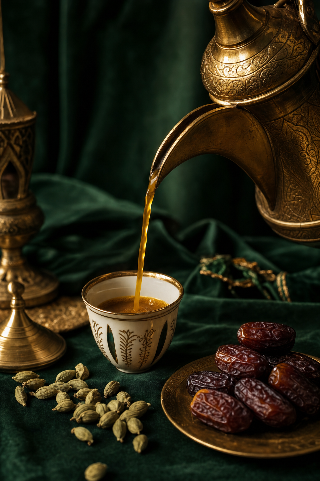 Golden Yemeni qahwah being poured from a brass dallah pot